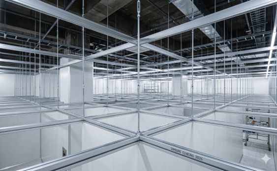 WONCLEAN South Korea FFU ceiling grid project featuring 6063-T5 aluminum main tee and interlocking cross tee for semiconductor cleanroom stability