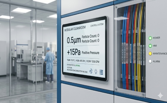 Technical interior of WONCLEAN modular cleanroom in Malaysia showing smart HMI panels and WDZB-YJY fire-retardant cabling integration
