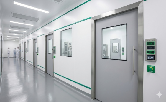 Airlock entry zone in a modular clean room facility using WONCLEAN automated magnetic door locks and emergency release switches