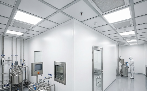 Technical overview of a modern sterile facility featuring flush cleanroom partitions and a precision aluminium ceiling grid system