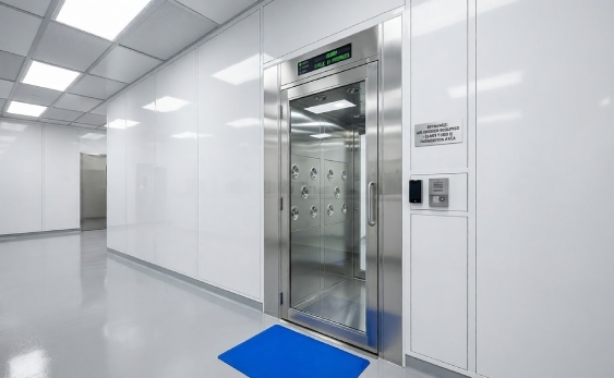 Engineering view of a stainless steel air shower unit integrated into a highly reflective modular cleanroom wall panel system